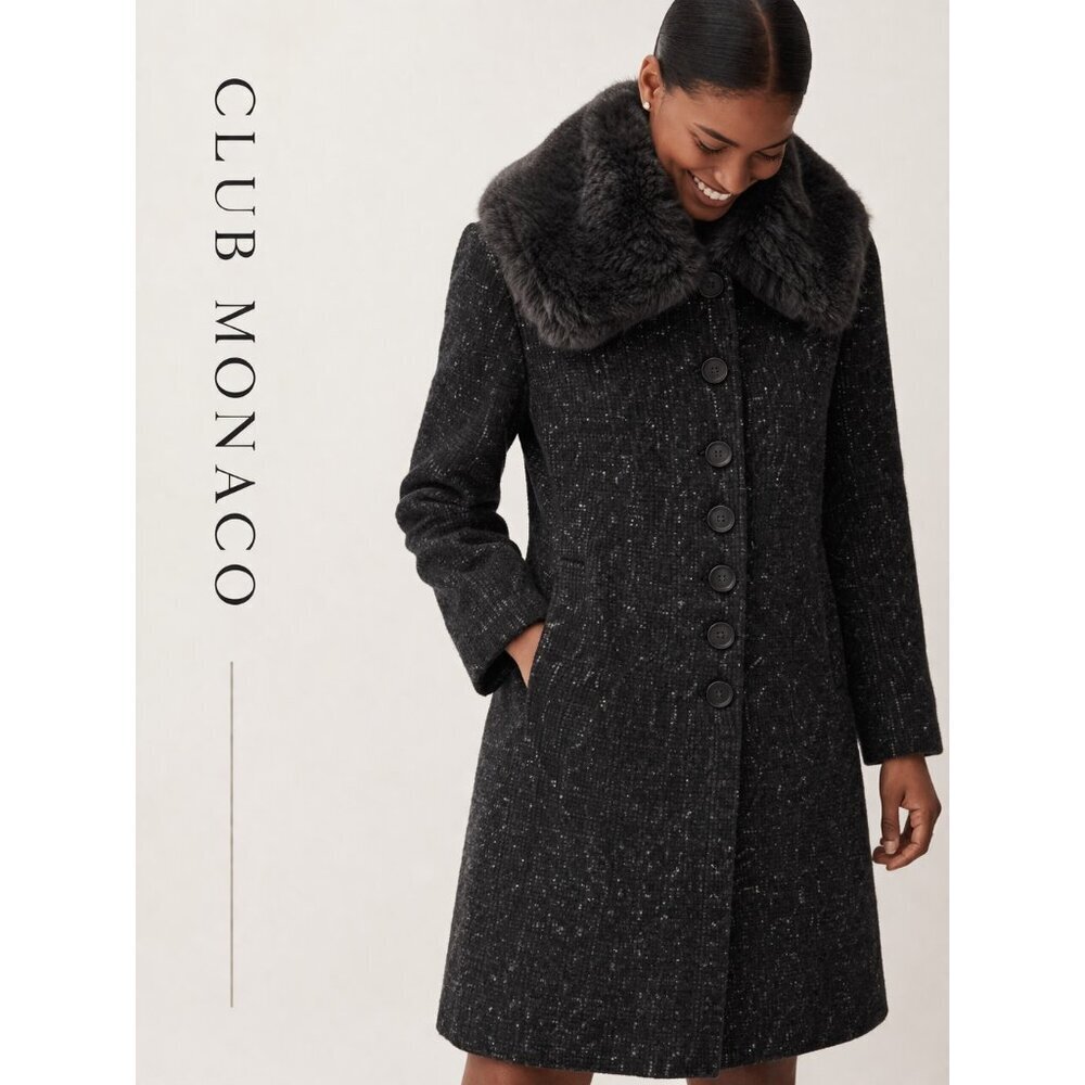 Club Monaco Rania Coat Womens M Gray Wool Blend Faux Fur Collar Button